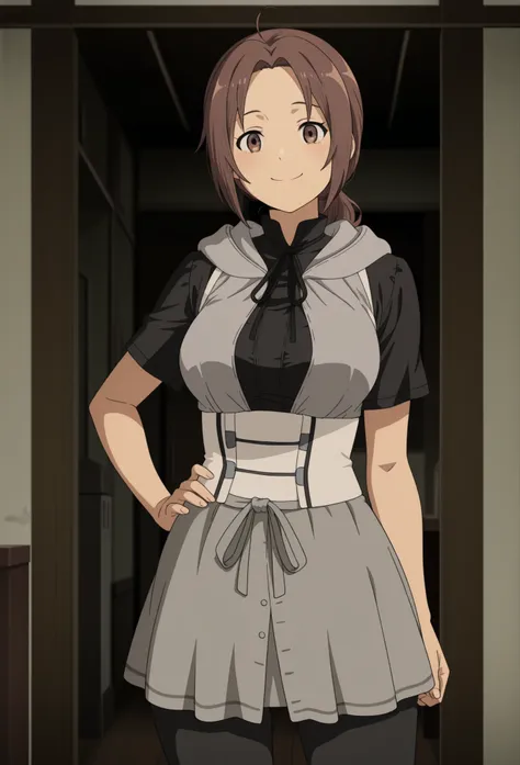 1girl,solo,mm,mature female,dark brown hair,brown eyes,low ponytail, medium breasts,anime coloring,
Grey hoodie, white short sleeves,Black shirt,ribbon,grey skirt,black leggings,cowboy shot,hand on own hip,looking at viewer, smile,indoors
,masterpiece,best...