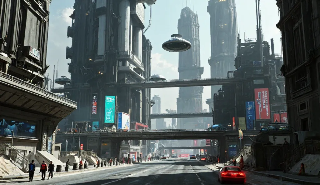 A cyberpunk city on a distant moon, with towering skyscrapers connected by neon-lit bridges, and hovercars zooming through the smog-filled air