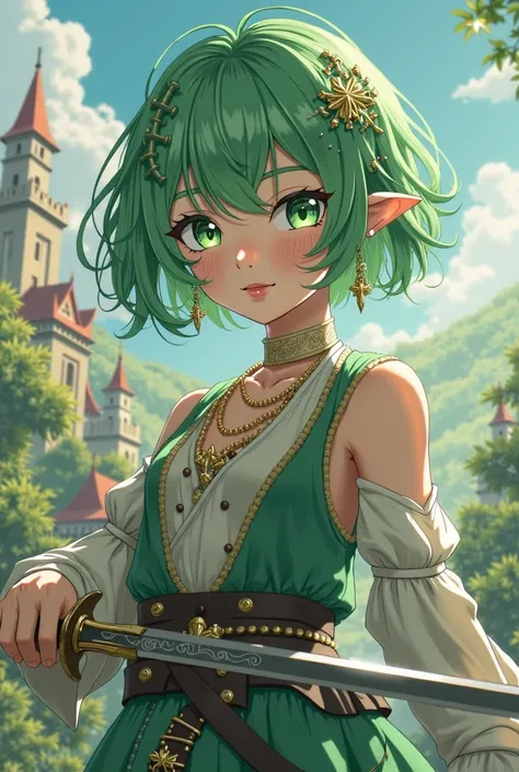 Anime girl with short nape hair and bright green hair, small green eyes,fairy ears and medieval swordsman clothing 