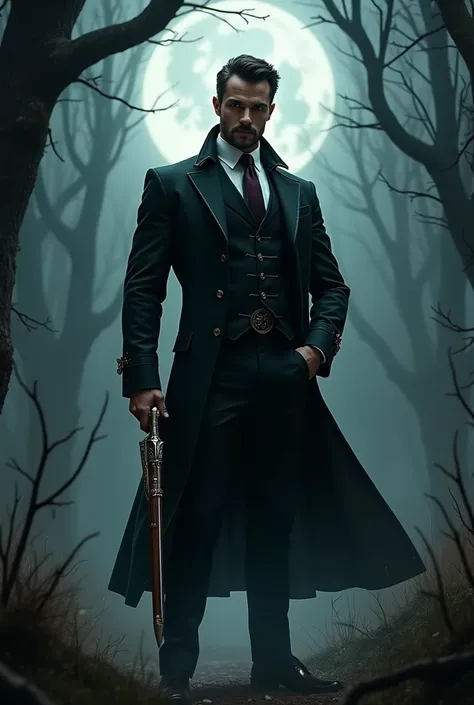 Handsome hunter dressed in a suit and armed fighting against werewolves