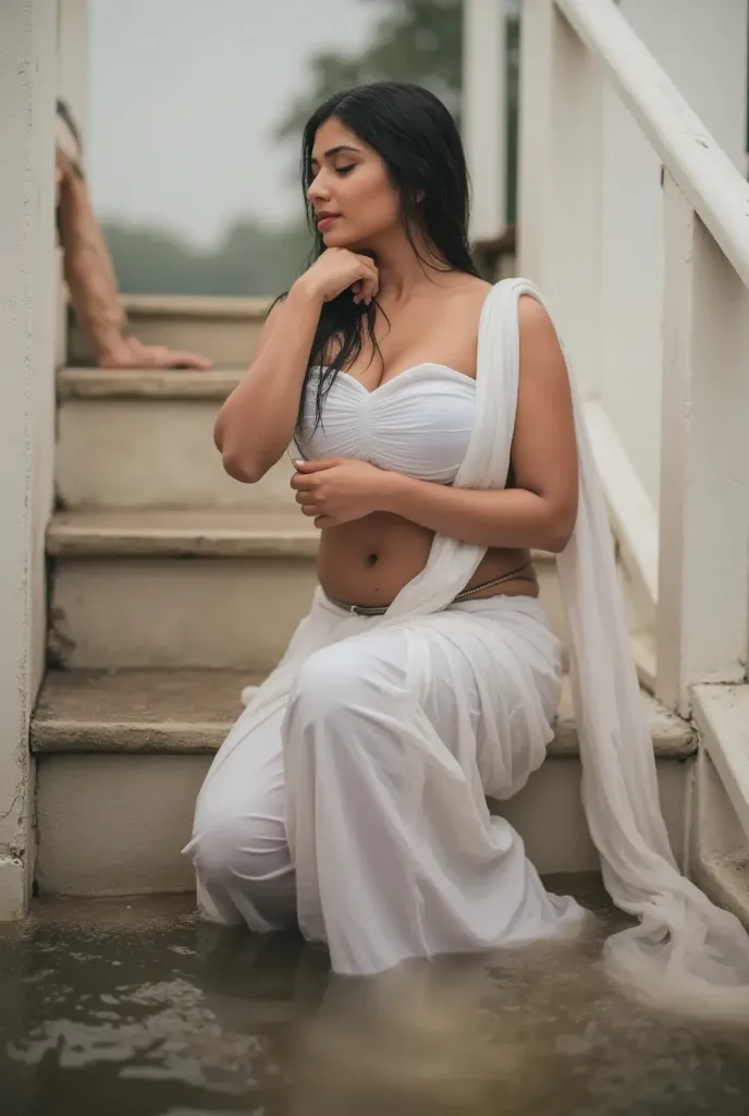 an Indian girl sitting on staircase, (wearing strapless off Shoulder sleeveless Salvar)++, Salwar, (strapless, bare arms, bare shoulders:8), short hair, navel, highly detailed face, detailed skin texture, curvy hourglass figure, busty, big, sensual pose, s...