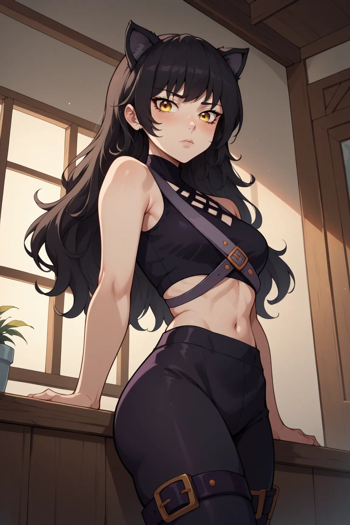 score_9, score_8_up, score_7_up, source_anime, blake, blake belladonna, long hair, black hair, yellow eyes, bow, hair bow, black bow, long hair, bangs, crop top, black leggings, bangs, animal ears, cat ears, indoors, on side, blush, looking at viewer, solo...