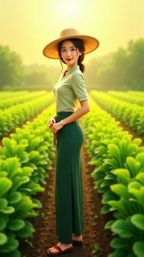 smile against a vegetable farm background ,Beautiful asian female farmer standing with a 