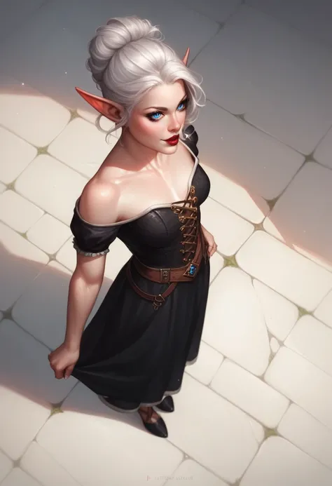 top view, top view, from above, from above, realistic, rpg, dnd token, fantasy, a female elf (white pale skin) (dark red lips) with medium white hair and intense blue eyes in a long medieval black dress, standing, top view, top view, from above, from above...