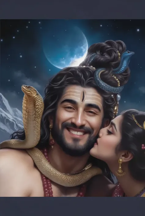 A highly detailed, realistic classical oil painting close-up of actor Ramvardhan as Lord Shiva and Goddess Parvati in a divine and romantic moment. Lord Shiva, depicted as a handsome Indian deity, has a radiant, joyful smile, deep expressive eyes, and a we...
