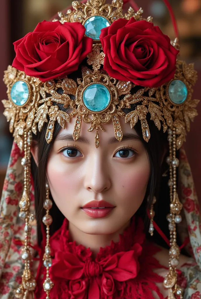 Rose Queen, astonishingly gorgeous woman, 8k Resolution, bold, crystalline representation, avant-garde character, extravagant look, metallic cobalt blue orbital decorations, extravagant sculptural attire, breathtaking elegance rendering, doll-like, rose-pl...