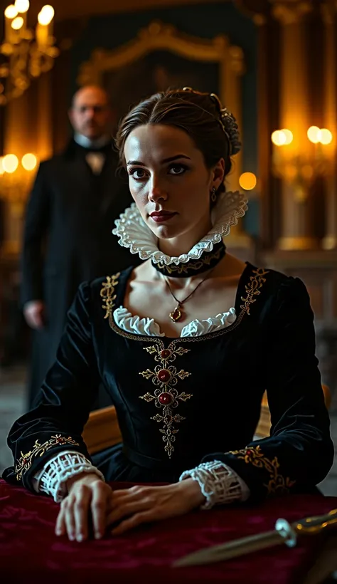 "A highly detailed, cinematic-style portrait of Catalina de Médici, depicted as a powerful yet enigmatic figure. She is dressed in a historically accurate 16th-century French royal gown, adorned with intricate embroidery, luxurious dark velvet, and a high ...