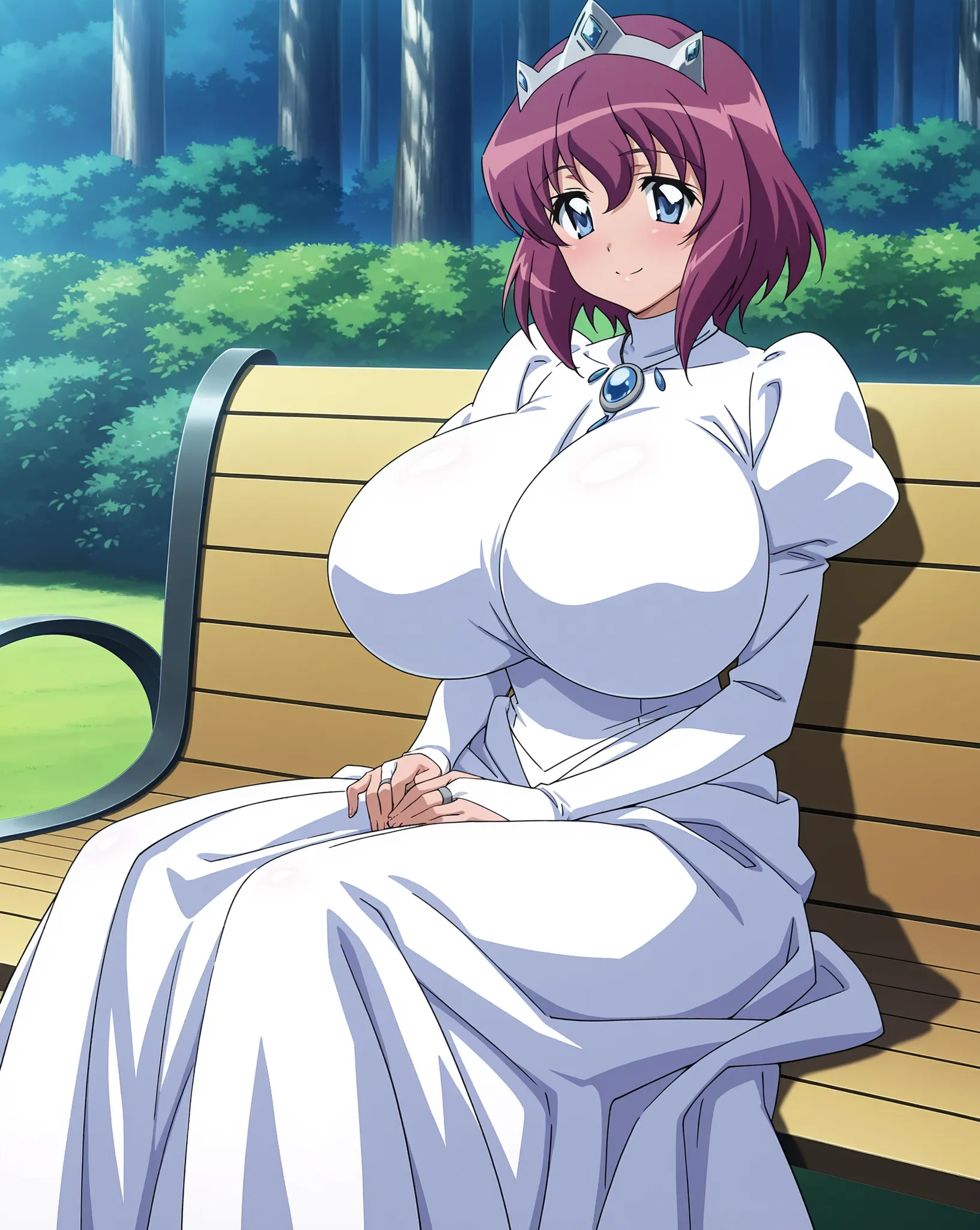 score_9, score_8_up, score_7_up, source_anime, anime coloring, anime screencap, 1 girl, alone, Henrietta de Tristain (zero no tsukaima), purple hair, medium hair, blue eyes, loving smile, white beautiful skin, gigantic breasts, sitting on bench, hands on l...