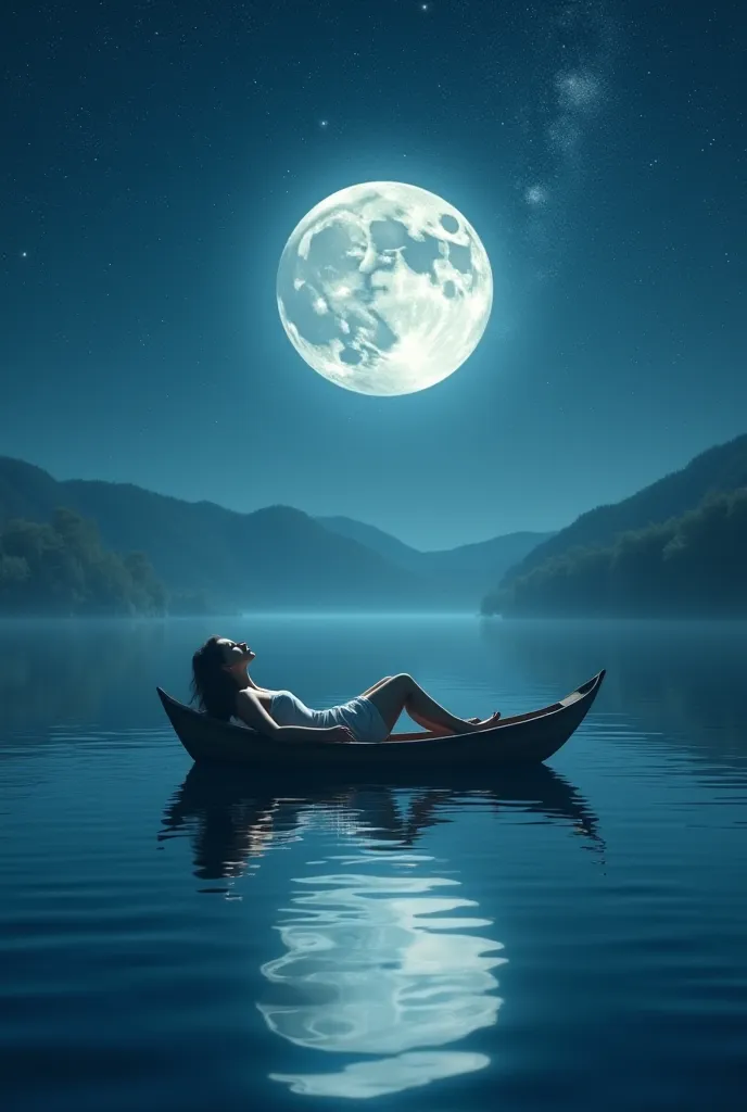  
A woman lying on a small boat floating on a lake that reflects the stars, with a giant moon and bright constellations in the background.
