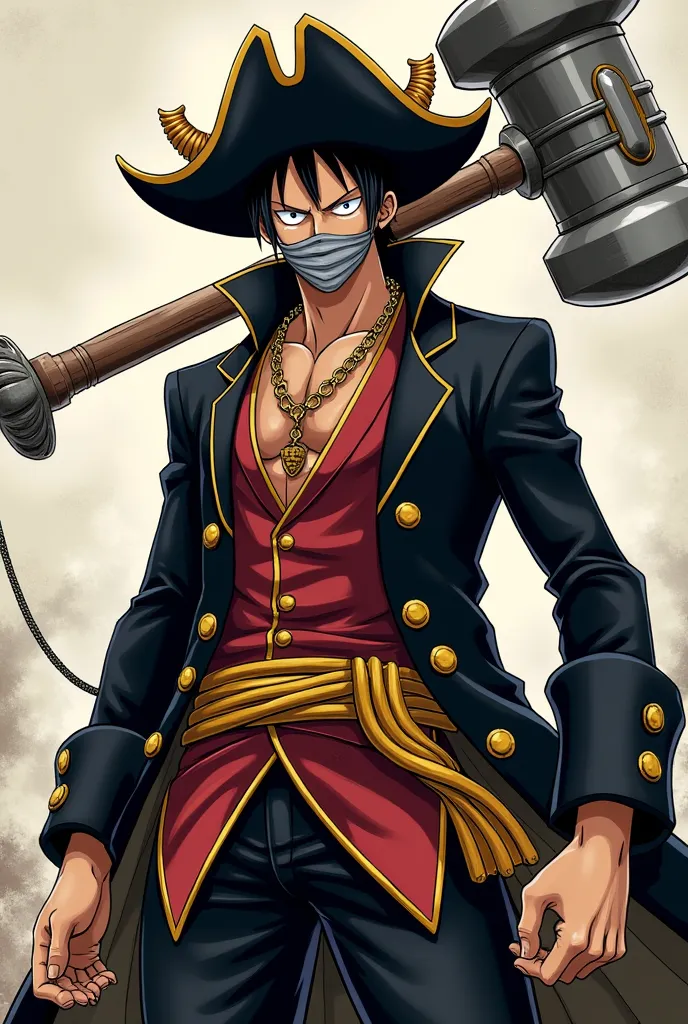 Character in the style of the manga One Piece with powers to manipulate metal, that is, his body being the clothes of pirates from the anime and a sledgehammer with a turbine, he will wear a black hat with brims facing upwards and a cloth covering his mout...