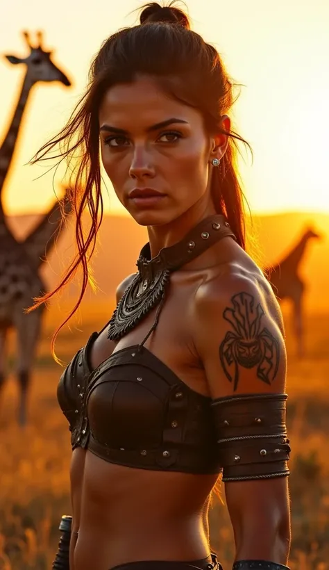 "A fierce and elegant warrior woman stands close to the camera, her presence commanding and powerful. She has a strong, toned physique, tribal tattoos adorning her arms, and wears a mix of leather and cloth armor that blends functionality with an ancient w...