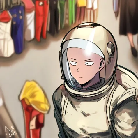 Saitama one punch man whit a poker face, dressing astrounaute clothes, Hit a Klingon with a helmet and an astronaut
, high resolution, masterpiece, anatomically correct, better quality, Awarded multiple times,  Super detail , depth of field, In the backgro...