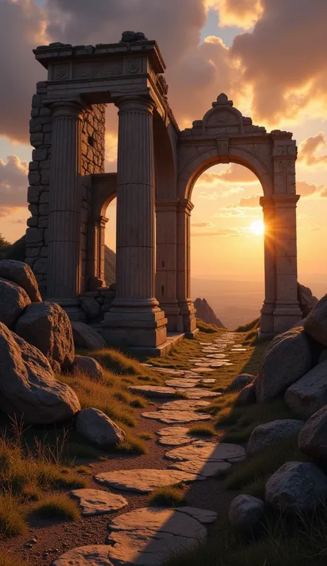 Dramatic image of the ruins at sunrise or sunset, with golden lights that accentuate the mysterious atmosphere.