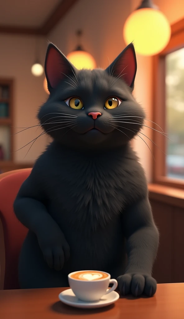  In 3D cinematic style , hd image, Realistic image,  Color Image . Strong muscular black cat character sitting happily in a cat coffee shop, Sipping a cappuccino . A charming gust cat approaches and winks at him. he smiles, ready for a new beginning."