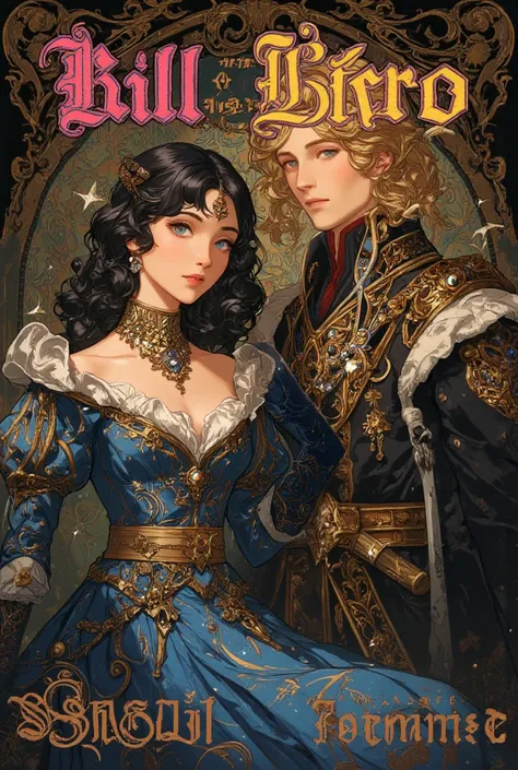 An otome book cover of a beautiful 17-year-old rainasances princess with blond hair beautiful blue eyes (she is a villainess) ahe is wearing extravagant ball gown decorated with diamonds and beautiful gloves and beside her is a 18 years old duke with black...