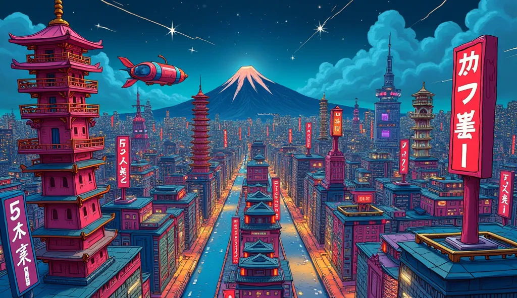 Bird's-eye view, slightly shaky perspective, looking down on a sprawling cityscape made of brightly colored modeling clay at nighttime, in the style of a 's crayon-on-paper rendition of a vibrant anime scene + Towering clay skyscrapers, reminiscent of Japa...