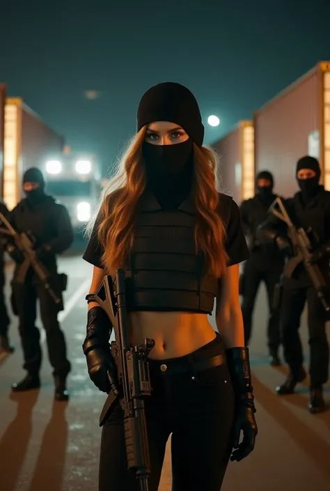 woman named Madison Elle Beer, long hair, seeds,  delicate blonde , rostro triangular,  shiny amber leather , arched chocolate brown eyes and a raised nose with balaclavas wearing a short black shirt,  BULLETPROOF VEST AND BLACK PANTS , holding a fake mach...