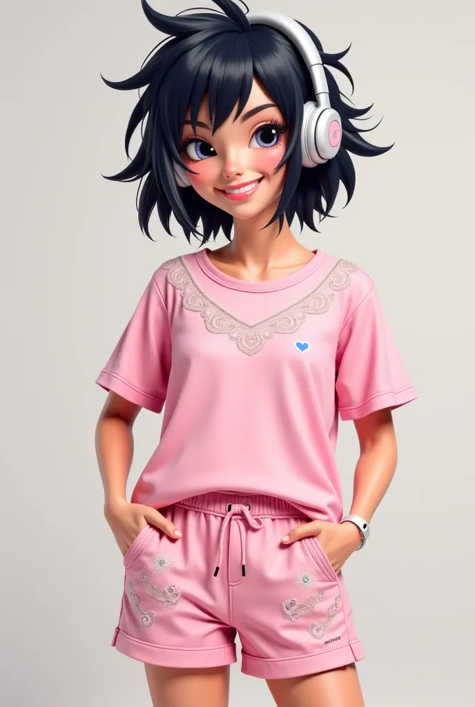 The avatar has messy black hair, and wears gray headphones. He is dressed in a light pink outfit that includes a t-shirt with lace details and a men's shorts with patterns and hearts