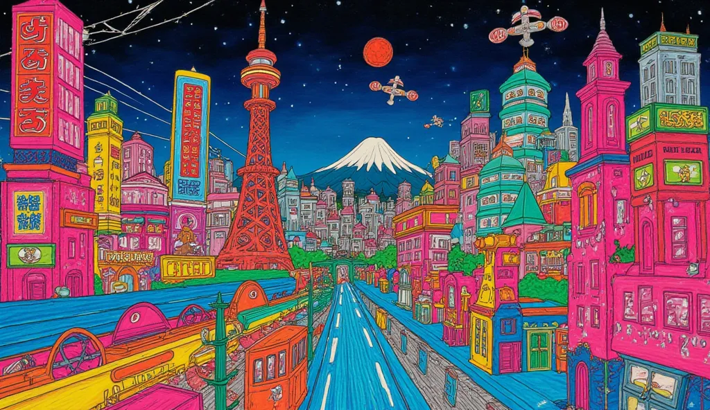 Bird's-eye view, slightly shaky perspective, looking down on a sprawling cityscape made of brightly colored modeling clay at nighttime, in the style of a 's crayon-on-paper rendition of a vibrant anime scene + Towering clay skyscrapers, reminiscent of Japa...