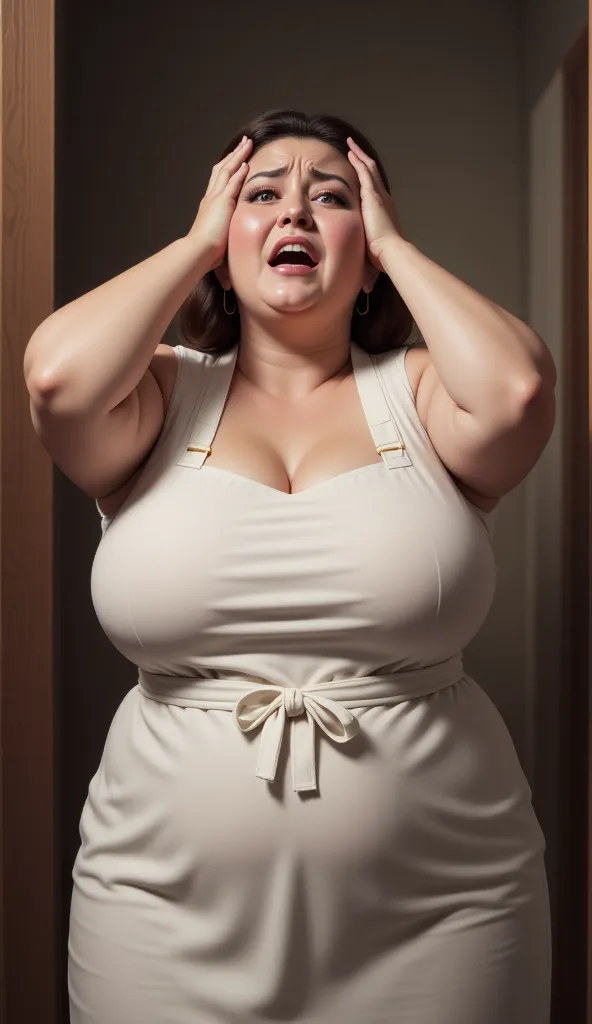 fat woman with a scared face wearing a chef's apron and hands on her head