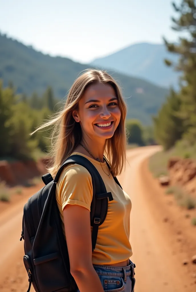 there is a woman standing in a dirt area with a backpack, with a happy expression, marvelous expression, background is heavenly, photo taken in 2 0 2 0, at college, she is about 2 0 years old, she is about 20 years old, taken in the early 2020s, taken in 2...