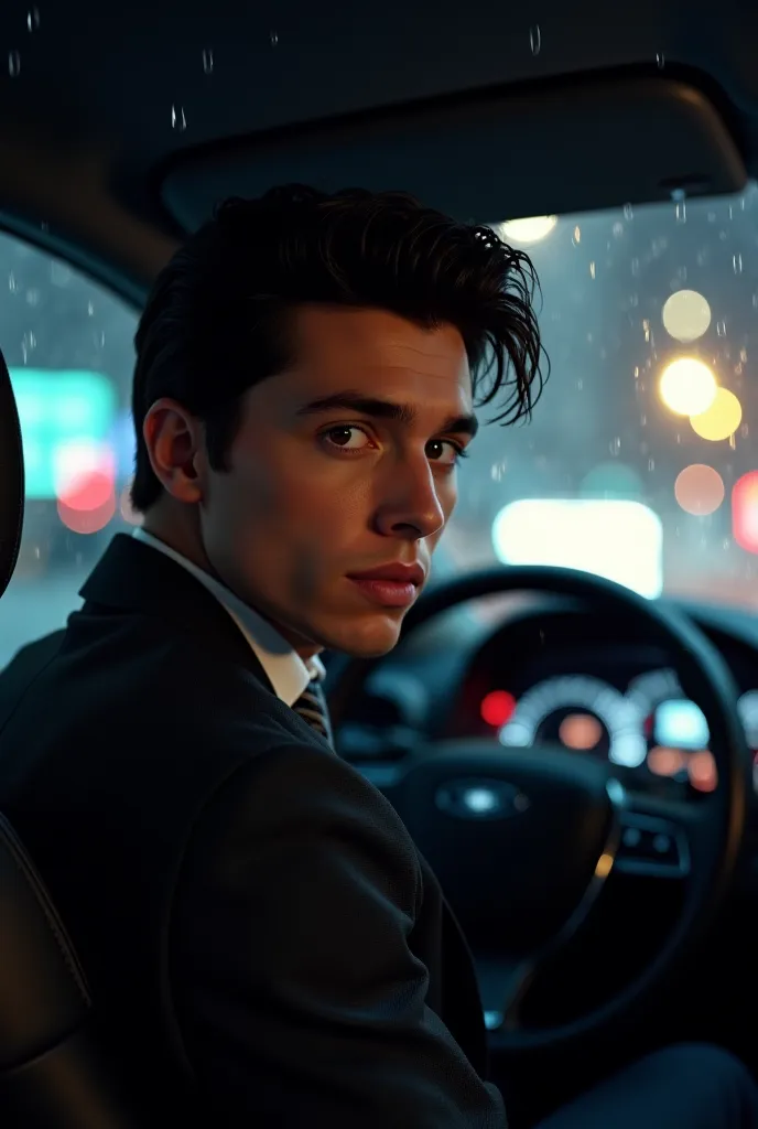  create me: An Uber driver,beau, chic,  in a car, under the rain, At night , with a striking look, without beard