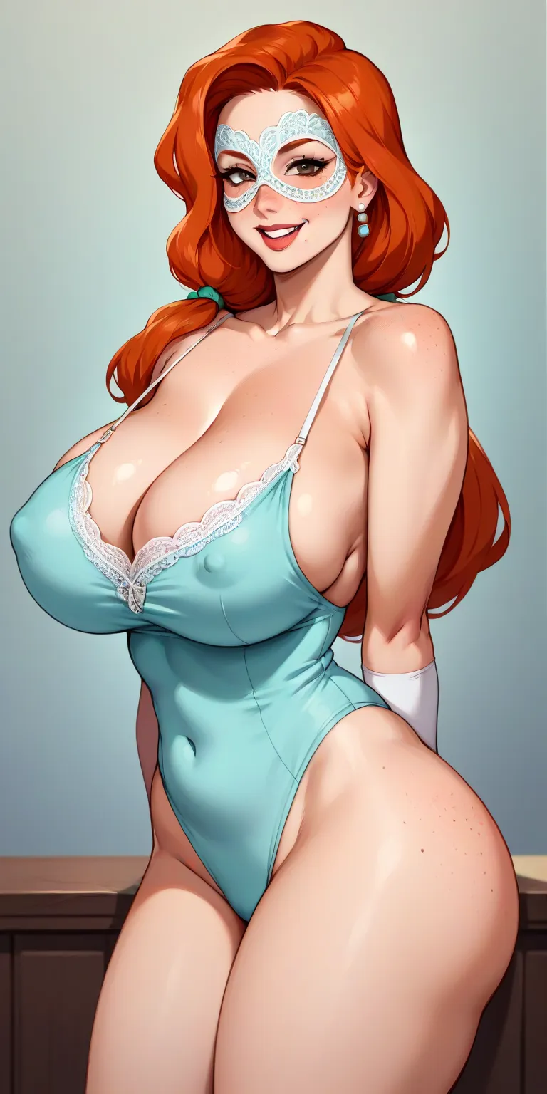 Redhead, woman, thick thighs, mother, milf, secretly, sexy ass showed, provokative, happy, mischievous, freckled, huge breasts, cleavage, erect nipples, 