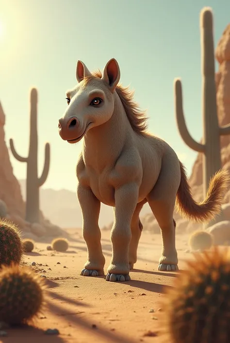 A horse mixed with an elephant and squirrel in the middle of the desert with cactus all around it 