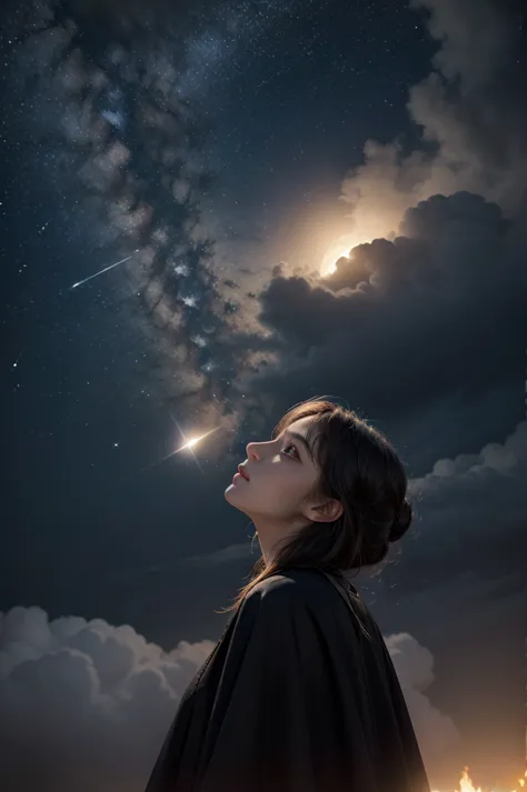 A mystical medieval illustration showing a woman in dark robes gazing at the starry sky, surrounded by soft clouds and a golden halo, with a bright comet streaking across the heavens. The texture of the image is aged, resembling ancient manuscripts.