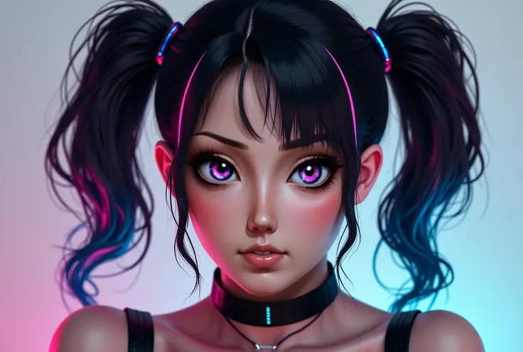 Create an image similar to this but make her have black hair with pink and blue streaks in her pigtails like Harley Quinn’s hair 