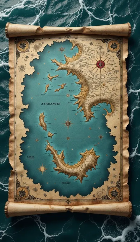 An ancient map with the possible location of Atlantis, surrounded by water and adorned with mysterious details.