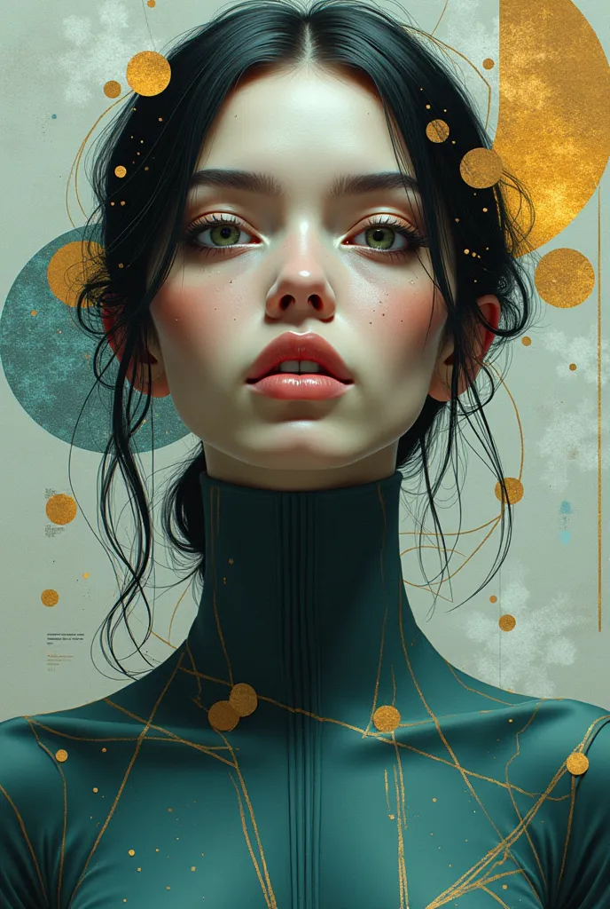 A digital illustration of a futuristic, abstract-inspired female figure with a geometrically styled appearance. The artwork features a combination of geometric shapes and patterns in shades of teal, gray, and gold, creating a visually striking contrast. Th...