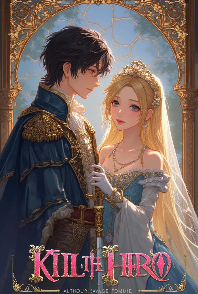 An otome book cover of a beautiful 17-year-old rainasances princess with blond hair beautiful blue eyes (she is a Korean villainess) ahe is wearing extravagant ball gown decorated with diamonds and beautiful gloves and beside her is a 18 years old duke wit...