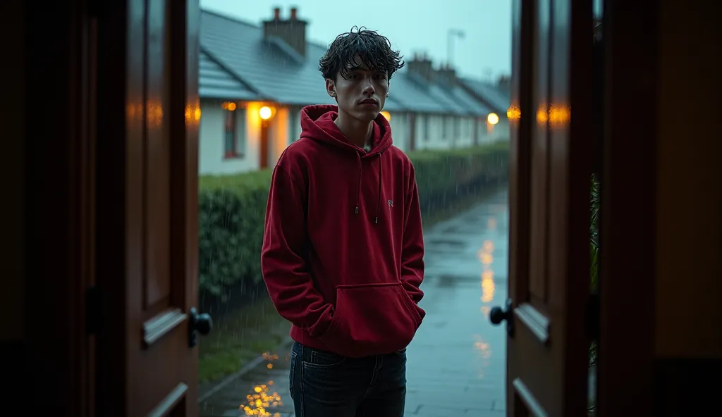 The camera, positioned inside the house, focuses on the solitary figure of the young man standing under the storm. Captured with a 75mm anamorphic lens, the depth of field keeps his face in evidence, while the background—Dublin houses under the incessant r...