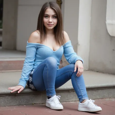 woman sitting on stairs. Has a blue sweater on.  and jeans . Woman is wearing sneakers.  style photorealistic ,  sharp focus, very detailed,  Detail,  full body