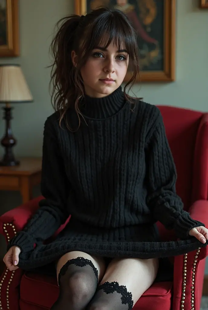 Une jeune fille de 11 ans avec un regard doux et expressif, portant un col roulé noir et une jupe évasée gris-vert. Elle est assise sur une chaise en bois, ses mains délicatement posées, avec des gants en dentelle noire. Ses longs cheveux châtain clair son...