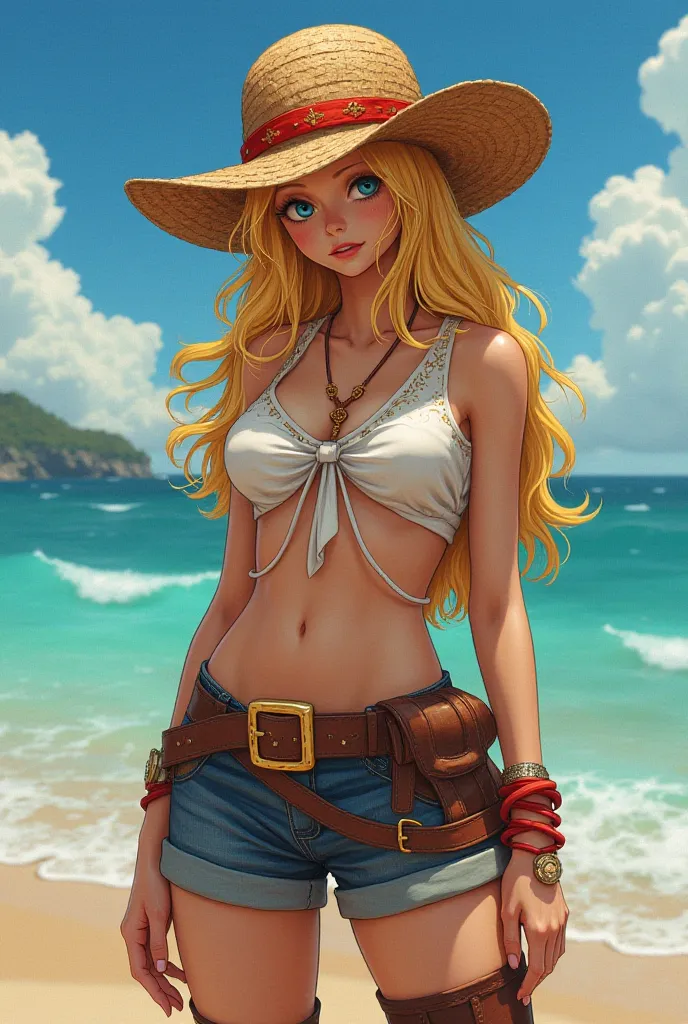 
Sorcière puisante blonde aux cheveux tres longs, yeux lagon percant, maitrisant les 4 elements dans one piece. 
Short et bottes de cowboys, rien sur la tête. 
Sur la photo avec Portgas DAce de One piece