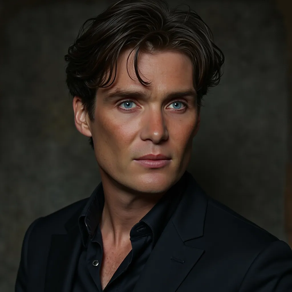 "A highly detailed digital painting of a mysterious and intense man with sharp cheekbones, piercing blue eyes, and a chiseled jawline. His dark brown hair is slightly tousled, and his gaze is deep and enigmatic, as if he’s hiding a thousand secrets. He wea...