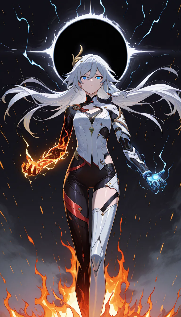 Anime illustration, backlighting, backlit, cold light, colorful, light reflection, solo, 1girl, medium shot, asymmetrical armor, detailed skin, extremely detailed eyes, dynamic pose, Fu Hua(CoT), white hair, long hair, golden aura, black hole in the backgr...