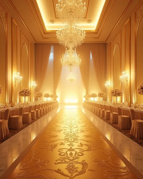 A wedding with various champagne-lit decorations in a ballroom, but without the presence of people. in the middle is the golden carpet with champagne details and the chairs in the same color