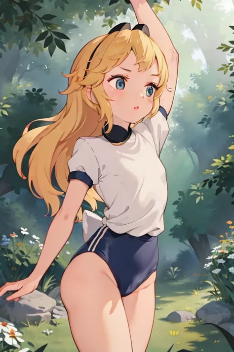 (masterpiece, best quality),   1girl  ,  Small, loli, slim, wearing a Black gymnastics bloomers, High leg、white blouse, cowboy shot, in dark forest, serious,  watercolor,blonde long hair