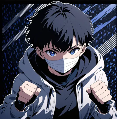 a boy in a hoodie with a glove, gloves, jacket, upper body, black gloves, fingerless gloves, full face mask, bandages, black background, hooded jacket, clenched hands, mouth mask, OP Art, anime style, accurate, anatomically correct, high resolution, super ...