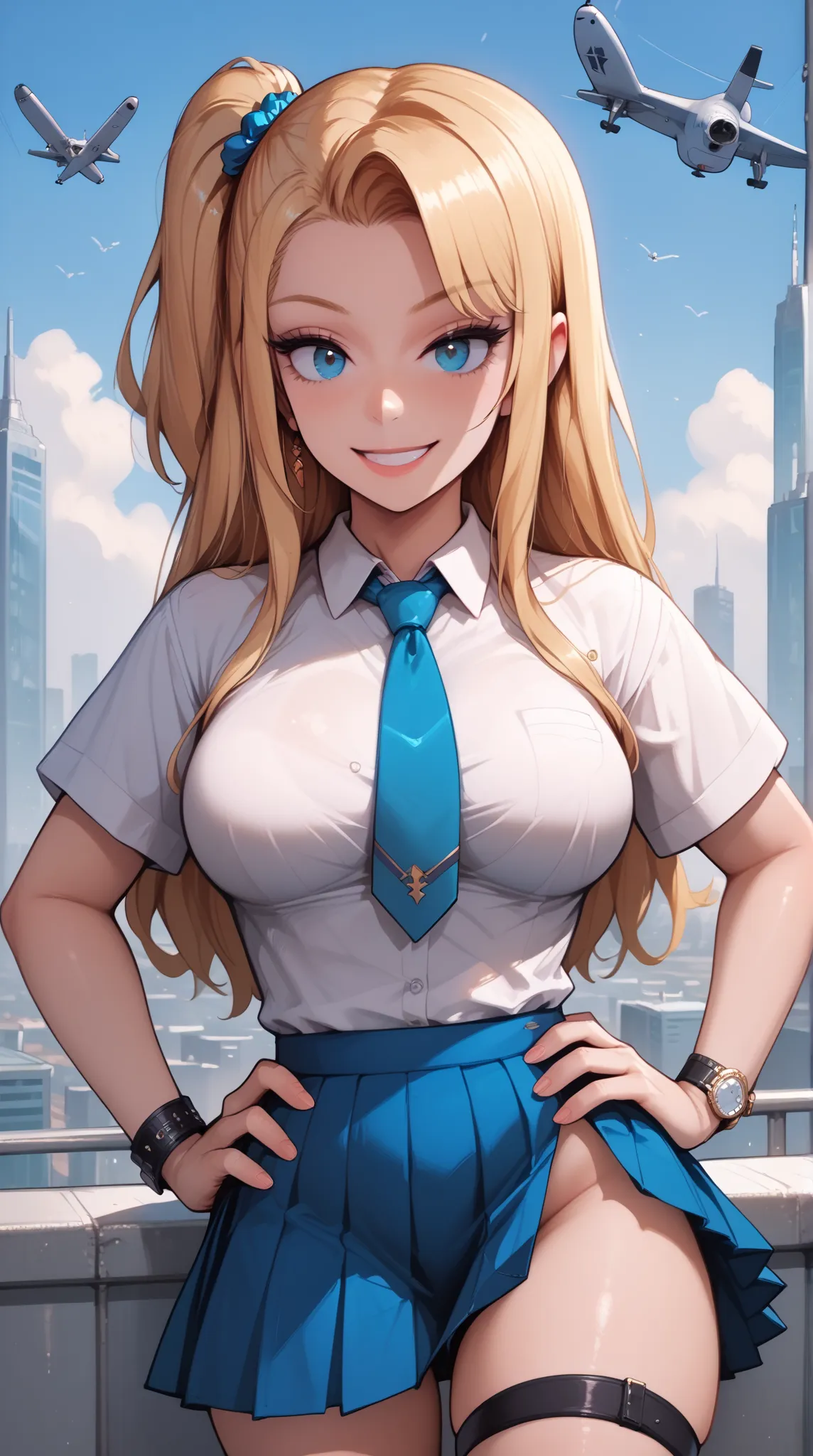 masterpiece, the best quality,  highres, Our, long hair, one side up, hair ornament,  pinza , piel oscura, big breasts, school uniform,  loose tie ,  blue tie, neckline, collared shirt, white shirt, short sleeves, wrist waistband , wristwatch,  midriff,  p...