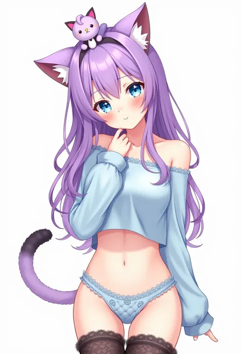 An anime girl with long purple hair, cat ears, and a fluffy tail. She is wearing a light blue cropped top with an asymmetrical off-shoulder design, blue lace underwear, and high black stockings with a cute pattern. On her head, there is a small decorative ...