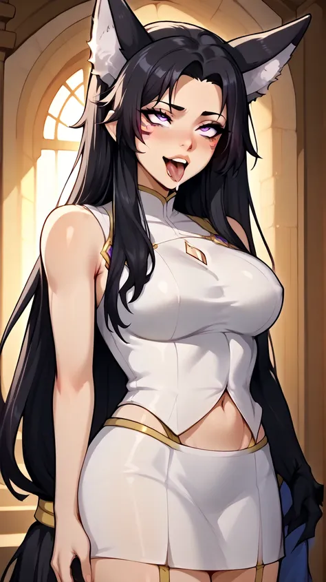  a girl, Alone,  bedroom background  ,, high resolution, HD Model,  long hair , delta, black hair,  long hair , facial mark, Wolf Ears, large breast, ahegao