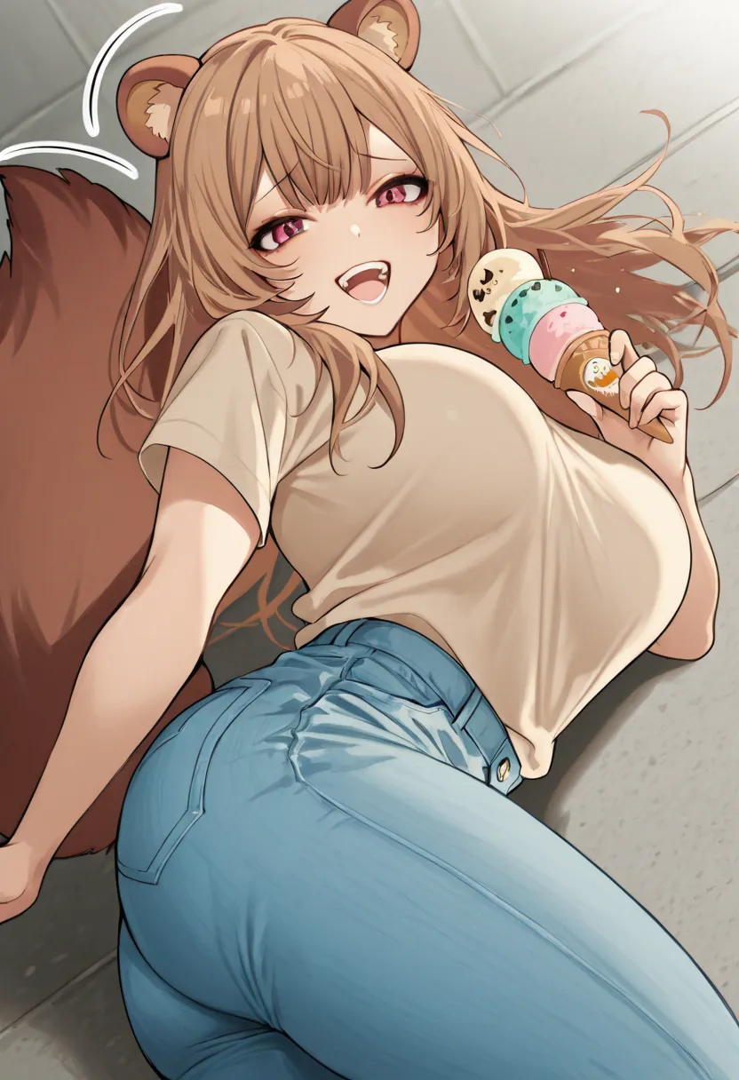 Alone, girl, Raphtalia de Tate no Yuusha, raccoon ears, look nice,  smile, Open Mouth, Teeth,, big boobs,  t-shirt, Right blue jeans,  long hair, Light Brown, fringe, cute raccoon tail, tail wagging excited, sweater looking at the viewer,enjoy an ice cream...