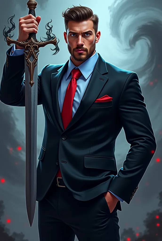  handsome man , tall and loud, white,  with short brown hair ,  short beard, wearing a black suit with light blue shirt and red tie , brandishing a sword with black fire magic in combat posture