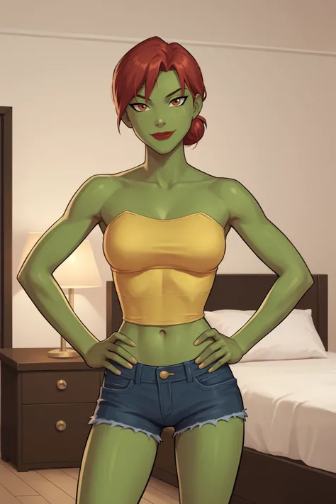 PonyXLV6_Scores BREAK (perfect anatomy, perfect eyes), BREAK mgann morzz, low bun hair, red hair, colored skin, green skin, freckles, brown eyes, makeup, bright red lipstick, ((looking at viewer)), superhero, dark yellow tube top, dark yellow jean shorts, ...