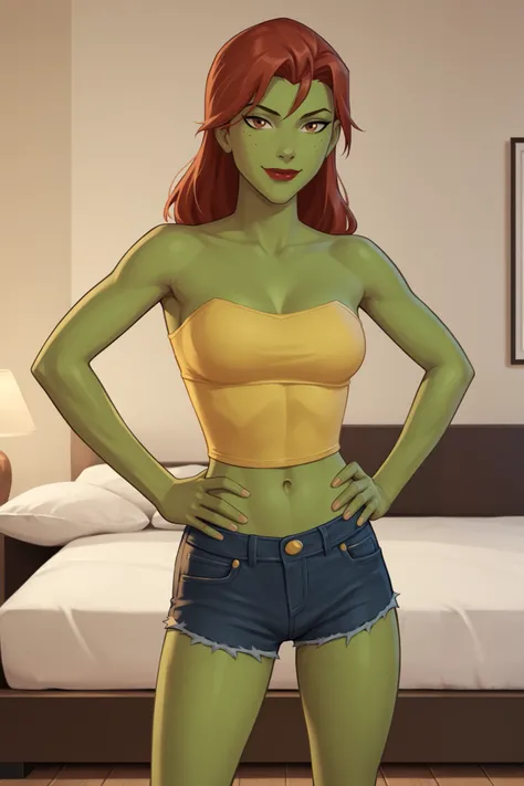 PonyXLV6_Scores BREAK (perfect anatomy, perfect eyes), BREAK mgann morzz, low bun hair, red hair, colored skin, green skin, freckles, brown eyes, makeup, bright red lipstick, ((looking at viewer)), superhero, dark yellow tube top, dark yellow jean shorts, ...