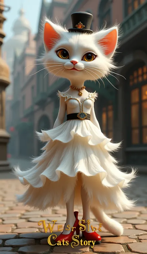 writing gorgeous Gothic yellow letter "West Side Cats Story" at screen bottom, Disney 3 D style anime , Side view, Full body, White Cat, cat head blonde hair, defoamer cat face, smile, black small hat, white evening dress, red hi-heal, Cat body is lon...